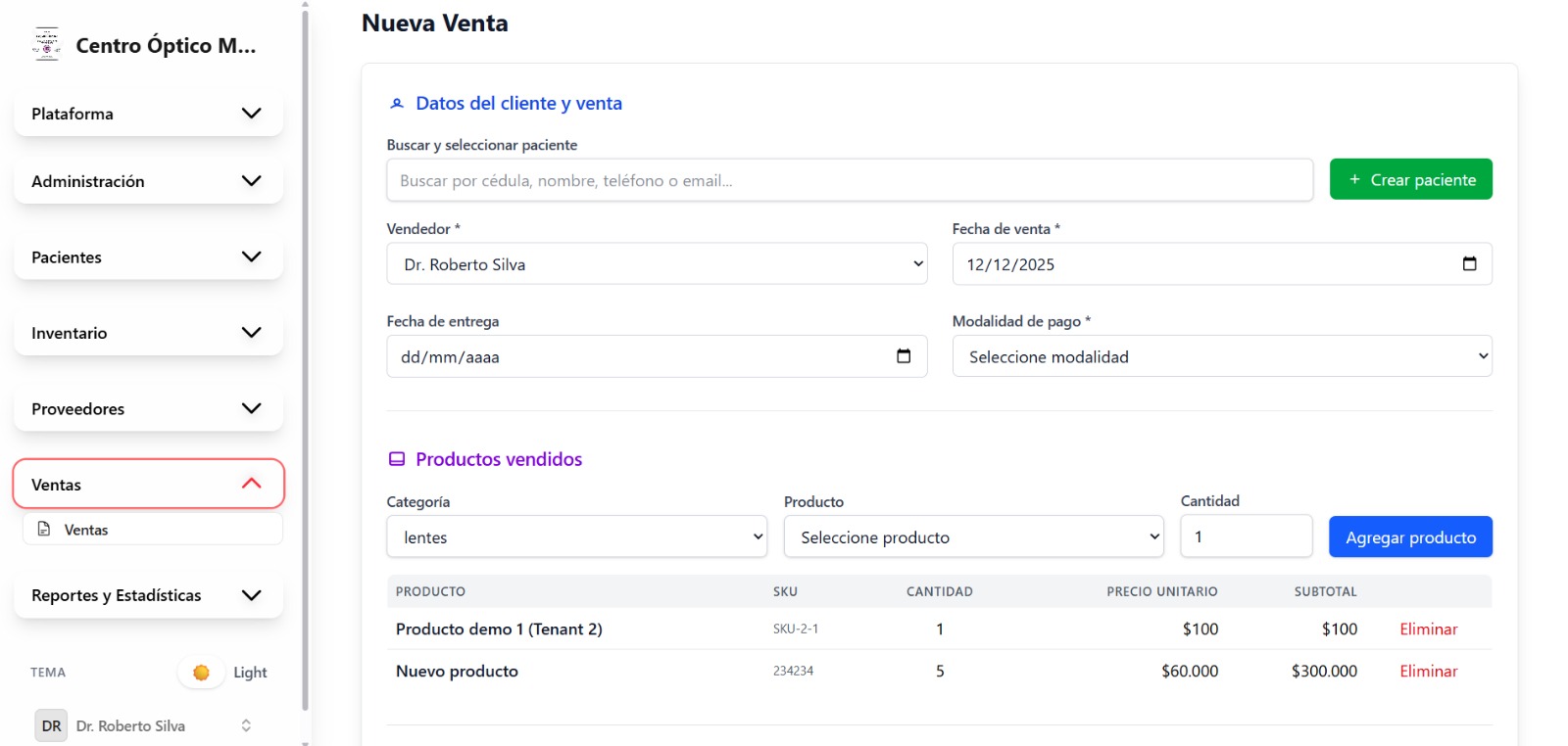 Ventas: Seccion de asignacion de venta a un paciente y seleccion de productos en stock para venta, todo con calculo automatico.